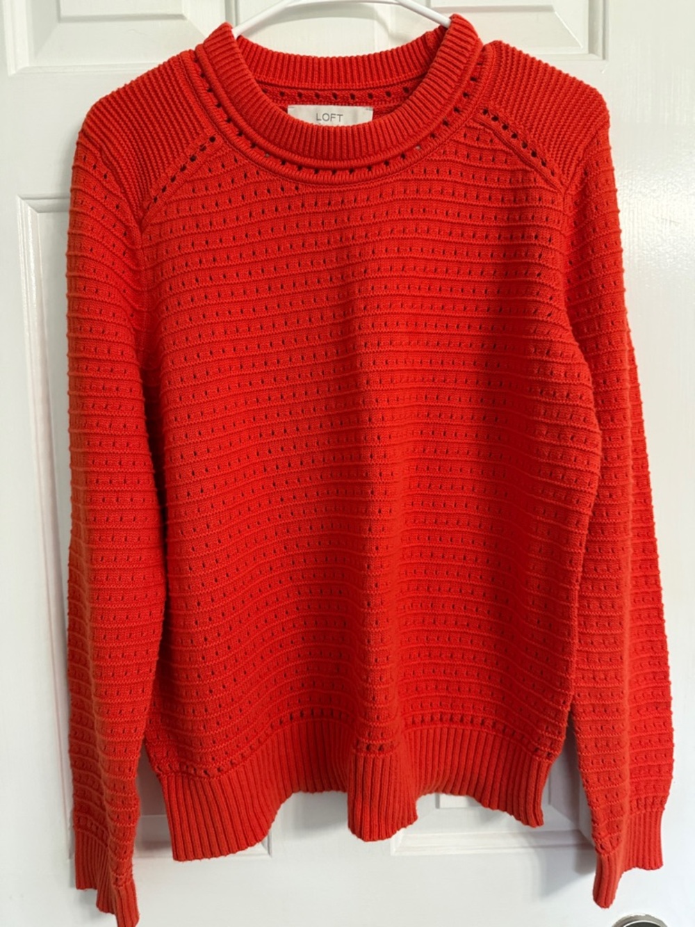 LOFT Bright Red/Orange Open-Stitch Crewneck Sweater